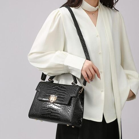 Women's Crocodile Print Leather Shoulder Bag | Top Handle Flap Satchel | Genuine Leather Purse for Daily Commute in Kuwait