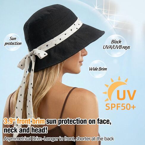 Babalet Linen Blend Sun Hats for Women Wide Brim Beach Bucket Hat Adjustable Foldable Fisherman Cap UV Protection Beach Cap for Summer UPF 50+, Black in Saudi Arabia