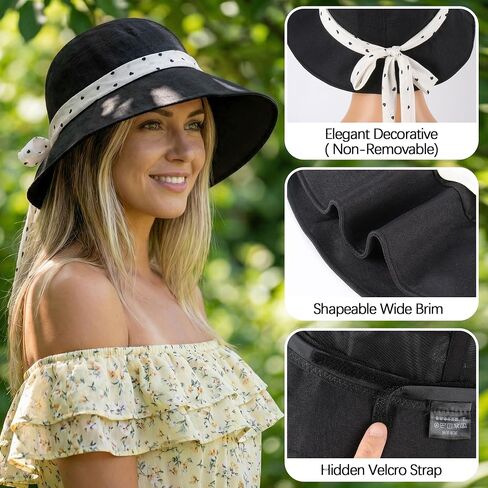 Babalet Linen Blend Sun Hats for Women Wide Brim Beach Bucket Hat Adjustable Foldable Fisherman Cap UV Protection Beach Cap for Summer UPF 50+, Black in Saudi Arabia
