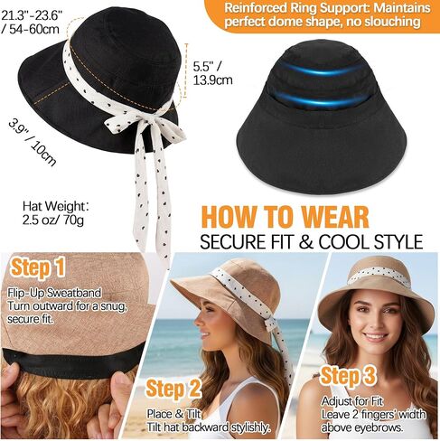 Babalet Linen Blend Sun Hats for Women Wide Brim Beach Bucket Hat Adjustable Foldable Fisherman Cap UV Protection Beach Cap for Summer UPF 50+, Black in Saudi Arabia