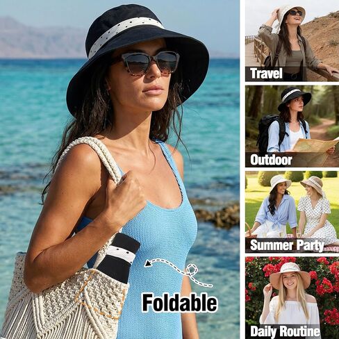 Babalet Linen Blend Sun Hats for Women Wide Brim Beach Bucket Hat Adjustable Foldable Fisherman Cap UV Protection Beach Cap for Summer UPF 50+, Black in Saudi Arabia