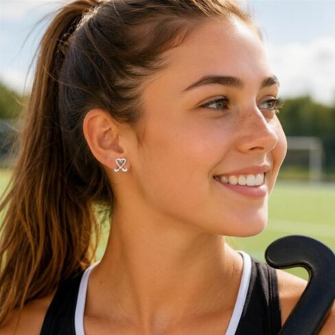 Field Hockey Earrings – Silver Heart Crossed Sticks Stud Earrings for Girls & Women – Sports Jewelry Gift for Field Hockey Players, Coaches & Fans in Kuwait