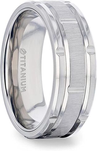Thorsten Warrick Alternating Grooves And Horizontal Etched Finish Titanium Men's Wedding Band With Alternating Grooved Beveled Polished Edges - 8mm in Kuwait