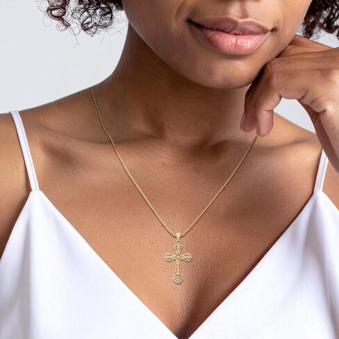 IceCarats 14K Solid Yellow Gold Filigree Extra Large Fleur De Lis Cross Pendant Necklace 38mm 1 1/2 inch Diamond Cut For Her For Him in Kuwait