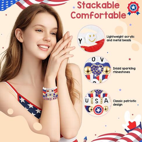 GoHere 4th of July Bracelets for Women - American Flag Beaded Red White Blue Stackable Bracelets - Independence Day Gifts Patriotic Jewelry Set in Saudi Arabia