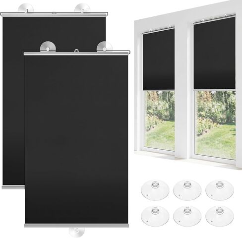 Moukeren 2 Pcs Black Blackout Roller Shades with 6 Suction Cups, 49" x 26.8" No Drilling Retractable Portable Window Blinds, Removable Temporary Blackout Shades for Home Office Bedroom Balcony in Kuwait