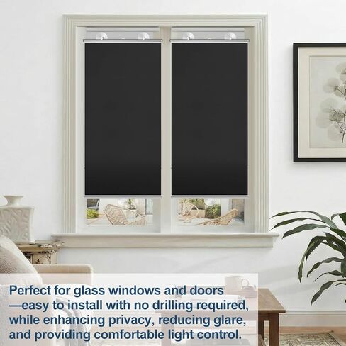 Moukeren 2 Pcs Black Blackout Roller Shades with 6 Suction Cups, 49" x 26.8" No Drilling Retractable Portable Window Blinds, Removable Temporary Blackout Shades for Home Office Bedroom Balcony in Kuwait