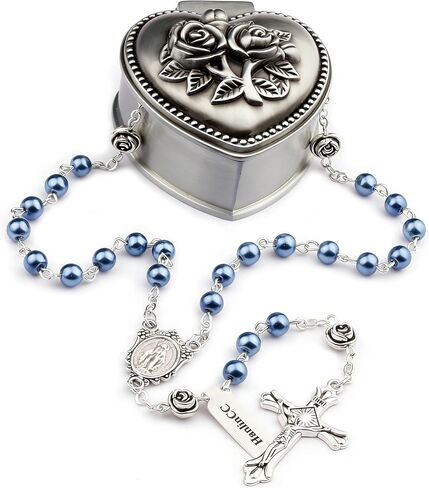 HanlinCC Glass Pearl Beads Miraculous Catholic Rosary Necklace with Rose Heart Box for Men and Women in Kuwait