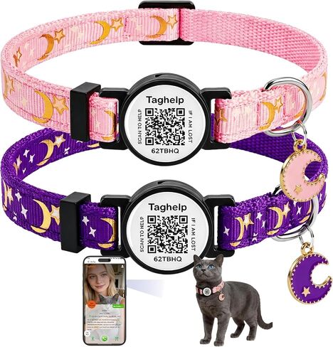 Reflective Cat Collar Breakaway with Bells & Smart ID QR Code Name tag, 2 Pack Girl Boy Pet Cat Collar Adjustable 7.5-12.5 Inch | Shareable Pet Profile (Red & Green) in Kuwait