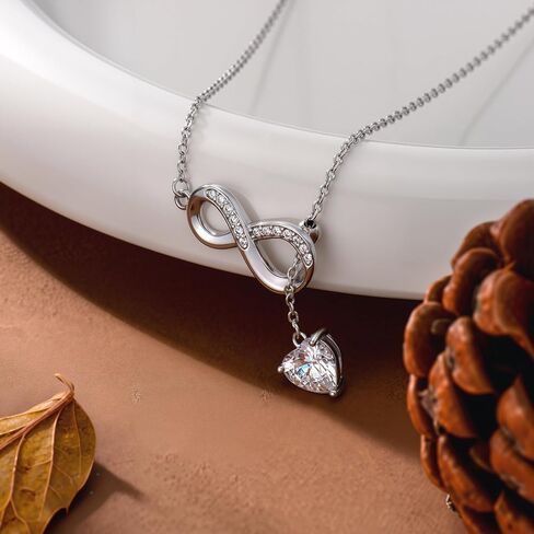 925 Sterling Silver Y Necklace for Women, Infinity Heart-Shaped Cubic Zirconia Pendant Necklace Clavicle Chain, Romantic Anniversary Birthday Gift for Wife in Kuwait