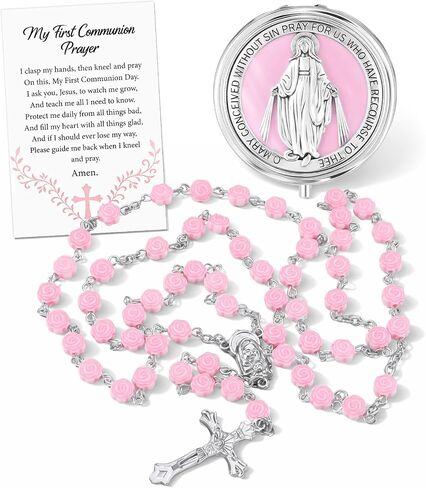 Quelay First Communion Rosary Gift Set for Women Inclued Pink Rose Shaped Bead Catholic Rosary Necklace with Case and Prayer Card, Religious Baptism First Confirmation Catholic Gift for Women Baptism in Kuwait