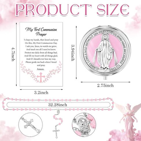 Quelay First Communion Rosary Gift Set for Women Inclued Pink Rose Shaped Bead Catholic Rosary Necklace with Case and Prayer Card, Religious Baptism First Confirmation Catholic Gift for Women Baptism in Kuwait