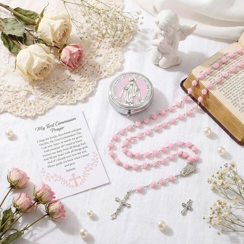 Quelay First Communion Rosary Gift Set for Women Inclued Pink Rose Shaped Bead Catholic Rosary Necklace with Case and Prayer Card, Religious Baptism First Confirmation Catholic Gift for Women Baptism in Kuwait