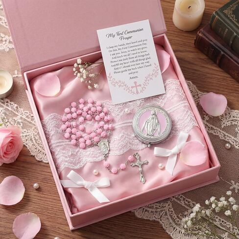Quelay First Communion Rosary Gift Set for Women Inclued Pink Rose Shaped Bead Catholic Rosary Necklace with Case and Prayer Card, Religious Baptism First Confirmation Catholic Gift for Women Baptism in Kuwait