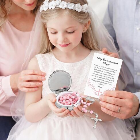 Quelay First Communion Rosary Gift Set for Women Inclued Pink Rose Shaped Bead Catholic Rosary Necklace with Case and Prayer Card, Religious Baptism First Confirmation Catholic Gift for Women Baptism in Kuwait