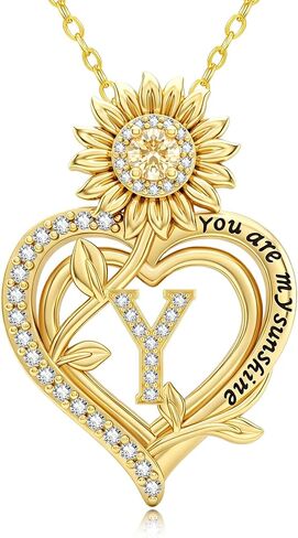 14k Gold Initial Letter Necklace Sunflower You Are My Sunshine Gift | Initial Necklace Letter Heart Initial Necklace for Women You Are My Sunshine Necklace Sunflower Jewelry in Saudi Arabia