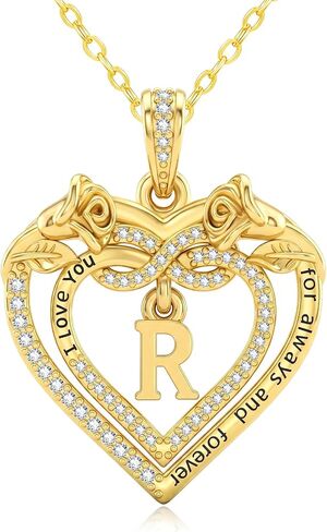 14K Gold Initial Letter Rose Heart Pendant Necklace for Women, Anniversary Birthday Jewelry Gifts for Wife Mom Grandma Sister Daughter, I Love You for Always And Forever in Saudi Arabia
