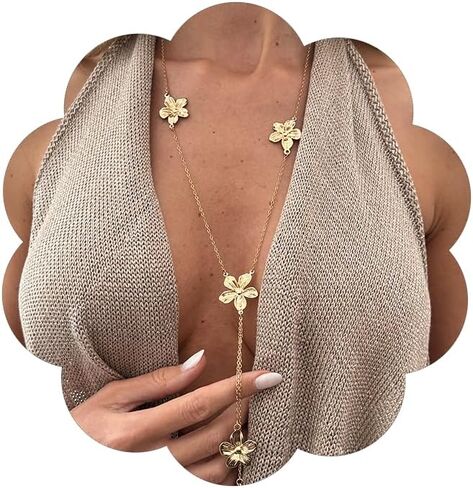 Gold Flower Long Necklace for Women Flower Y Gold Statement Necklace Dainty Long Foral Necklaces Trendy Jewelry Accessories in Saudi Arabia