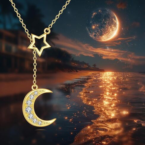 DOVRAN 14K الصلبة الذهب القمر ونجمة قلادة قلادة للنساء الذهب الأصفر الحقيقي Y قلادة مجوهرات أنيقة هدايا عيد ميلاد للزوجة أمي in Kuwait