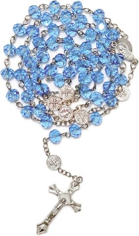 Catholic Crystal Prayer Necklace - Clear Crystal Beads with Virgin Mary & Cross Design, Includes Storage Pouch, Ideal Gift for Confirmation/First Communion/Baptism in Kuwait