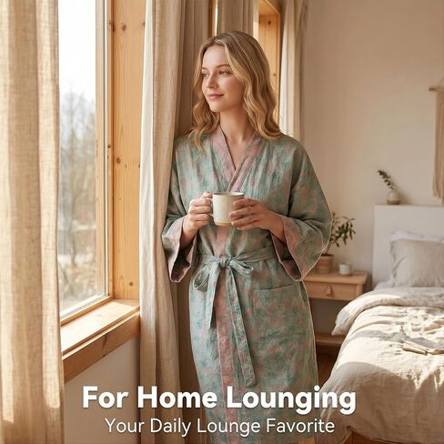Haseil Women's Cotton Gauze Robe Lightweight Kimono Bathrobe Double Layer Breathable Lounge Robe Soft Jacquard Sleepwear in Saudi Arabia