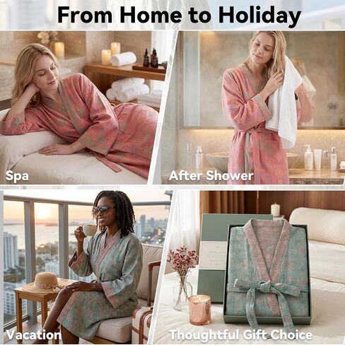 Haseil Women's Cotton Gauze Robe Lightweight Kimono Bathrobe Double Layer Breathable Lounge Robe Soft Jacquard Sleepwear in Saudi Arabia