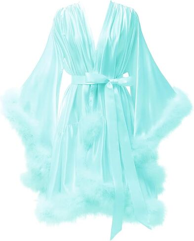 Yexinbridal Feather Fur Robe Silk Satin Bridal Dressing Gown Sexy Illusion Lingerie Nightgown Bathrobe Sleepwear in Saudi Arabia