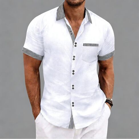 Men's Summer Short Sleeve Striped Casual Shirt in Kuwait