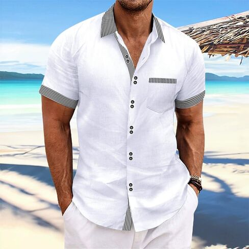 Men's Summer Short Sleeve Striped Casual Shirt in Kuwait