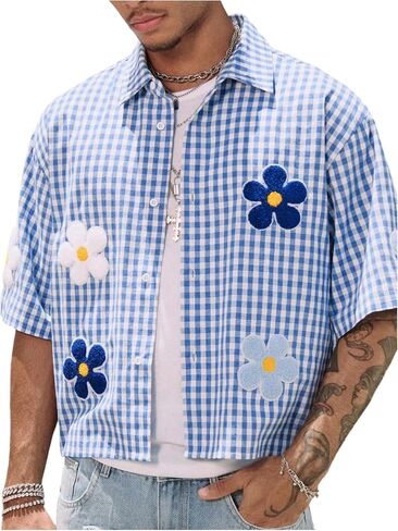 BEAUDRM Men's Gingham Shirts Plaid Floral Button Down Shirt Short Sleeve Summer Vacation Streetwear in Kuwait