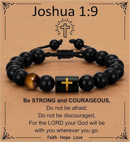 Fathers Day Gift- Cross Bracelets for Men Dad Handmade Natural Black Onyx Tiger Eye Stone Beads Bracelet Christian Christmas Birthday Gifts for Him in Saudi Arabia