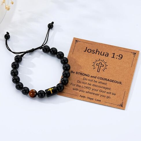 Fathers Day Gift- Cross Bracelets for Men Dad Handmade Natural Black Onyx Tiger Eye Stone Beads Bracelet Christian Christmas Birthday Gifts for Him in Saudi Arabia