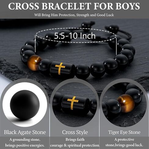 Fathers Day Gift- Cross Bracelets for Men Dad Handmade Natural Black Onyx Tiger Eye Stone Beads Bracelet Christian Christmas Birthday Gifts for Him in Saudi Arabia