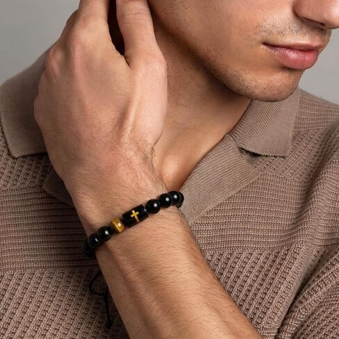 Fathers Day Gift- Cross Bracelets for Men Dad Handmade Natural Black Onyx Tiger Eye Stone Beads Bracelet Christian Christmas Birthday Gifts for Him in Saudi Arabia