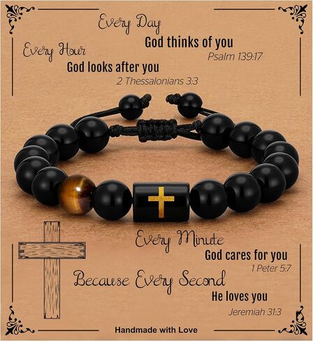 Fathers Day Gift- Cross Bracelets for Men Dad Handmade Natural Black Onyx Tiger Eye Stone Beads Bracelet Christian Christmas Birthday Gifts for Him in Saudi Arabia