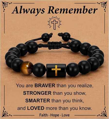 Fathers Day Gift- Cross Bracelets for Men Dad Handmade Natural Black Onyx Tiger Eye Stone Beads Bracelet Christian Christmas Birthday Gifts for Him in Saudi Arabia