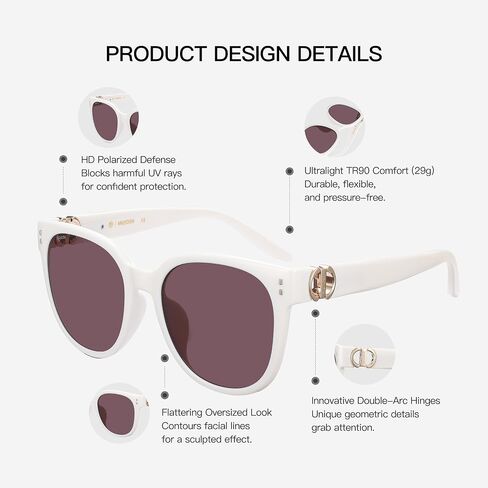 Oversized Square Sunglasses for Women Men, Lightweight TR90 Polarized Shades with Geometric Hinge, Anti-Oil UV400 Eyewear for Vacation, Glacial White, Brand of EssilorLuxottica in Saudi Arabia