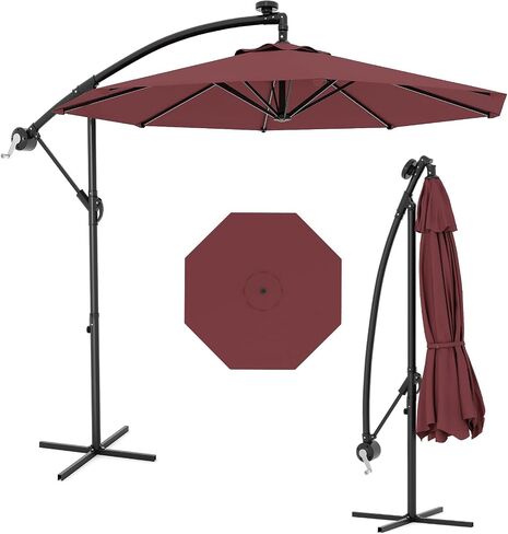 GarveeLife 10ft Outdoor LED Patio Umbrella with Base, Heavy-Duty Frame, UPF 50+ Sun Protection & 36 Built-in Lights for Night Use, Easy Tilt Cantilever Umbrella for Deck, Poolside, Backyard, Garden in Kuwait