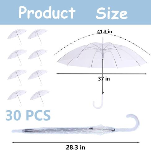 30 Pcs Wedding Clear Umbrella Bulk for Rain, Large Windproof Stick Umbrellas with White J-Hook Handle for Guests, Wedding Bride Groom Photography, Prom, Graduation, Golf, Parties, Transparent Umbrella in Saudi Arabia