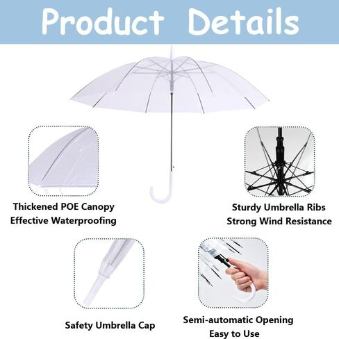 30 Pcs Wedding Clear Umbrella Bulk for Rain, Large Windproof Stick Umbrellas with White J-Hook Handle for Guests, Wedding Bride Groom Photography, Prom, Graduation, Golf, Parties, Transparent Umbrella in Saudi Arabia