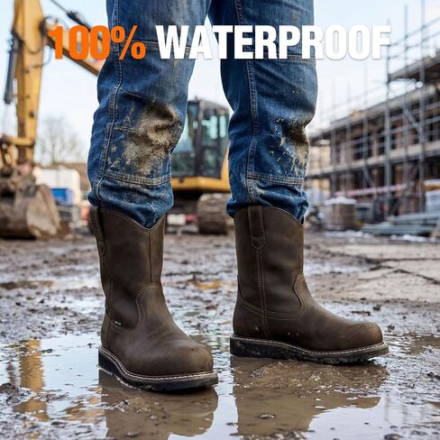 NINGO Steel Toe Work Boots for Men, Comfortable Waterproof and Slip Resistant Wellington Leather Boots, Pull On Design, EH Protection with Goodyear Construction Shoes for Industrial, Farm, and Welding in Saudi Arabia