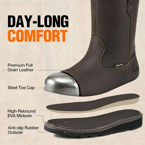 NINGO Steel Toe Work Boots for Men, Comfortable Waterproof and Slip Resistant Wellington Leather Boots, Pull On Design, EH Protection with Goodyear Construction Shoes for Industrial, Farm, and Welding in Saudi Arabia