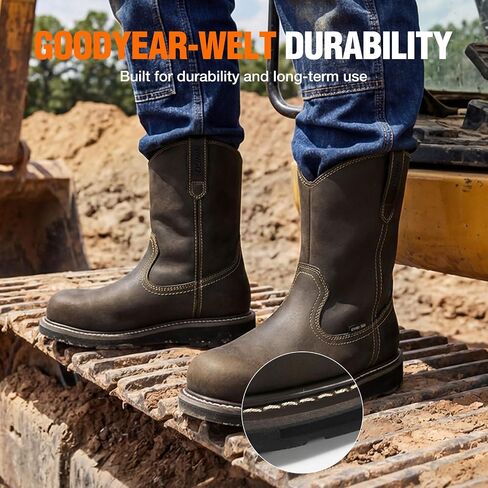 NINGO Steel Toe Work Boots for Men, Comfortable Waterproof and Slip Resistant Wellington Leather Boots, Pull On Design, EH Protection with Goodyear Construction Shoes for Industrial, Farm, and Welding in Saudi Arabia