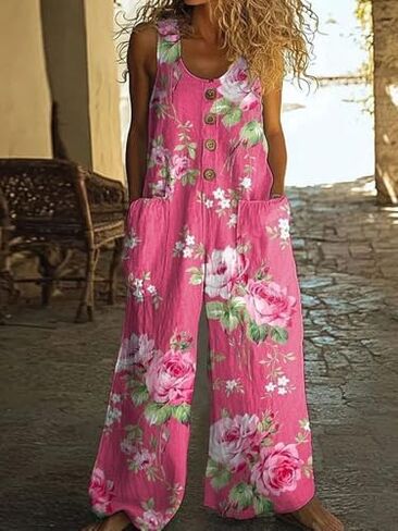 Women's Floral Button Front Coverall Jumpsuit - High Waist Wide Leg Romper with Pockets for Summer Beach Daily Wear in Kuwait