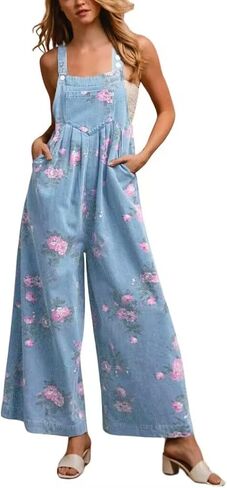 Women's Summer Floral Print Denim Bib Overalls Adjustable Strap Wide Leg Jean Jumpsuit Pants with Pockets in Saudi Arabia