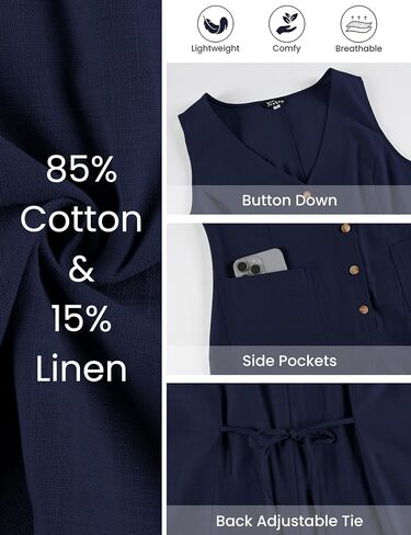 Yeokou Womens Overall Button Down Jumpsuits Cotton Linen Sleeveless Casual Wide Legs Romper Short One Piece with Pockets (Navy-L) in Kuwait