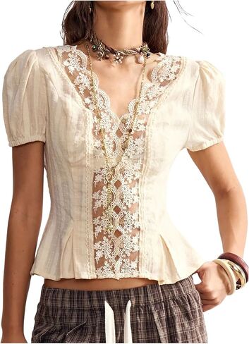 MakeMeChic Women's Floral Lace V Neck Peplum Tops Puff Sleeve Button Down Boho Blouse Vacation Outfits in Kuwait