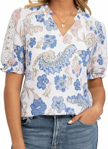 GRACE KARIN Women Boho Floral Tops, Summer Short Sleeve Shirts, V Neck Dressy Casual Blouse Work Printed 2026 Spring Trendy in Kuwait