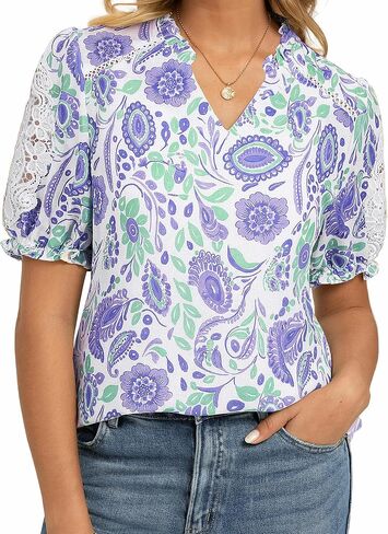 GRACE KARIN Women Boho Floral Tops, Summer Short Sleeve Shirts, V Neck Dressy Casual Blouse Work Printed 2026 Spring Trendy in Kuwait