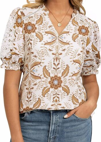 GRACE KARIN Women Boho Floral Tops, Summer Short Sleeve Shirts, V Neck Dressy Casual Blouse Work Printed 2026 Spring Trendy in Kuwait